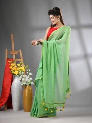 Light green mul cotton soft saree with gota patti borders 2