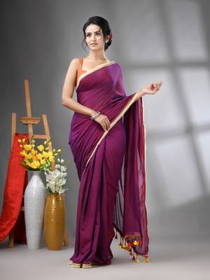 Purple mul cotton soft saree with gota patti borders 1