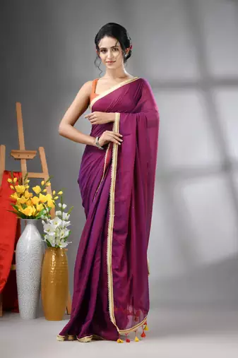 Purple mul cotton soft saree with gota patti borders