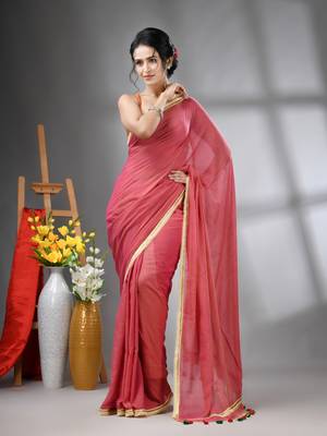 Salmon pink mul cotton soft saree with gota patti borders 1