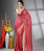 Salmon pink mul cotton soft saree with gota patti borders