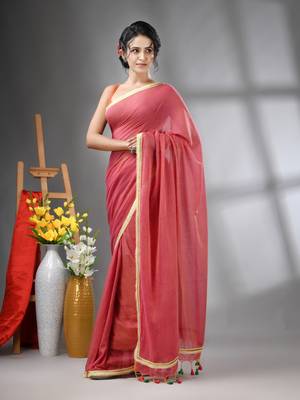 Salmon pink mul cotton soft saree with gota patti borders 2