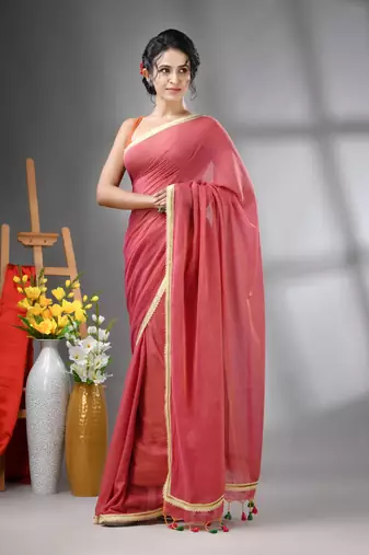Salmon pink mul cotton soft saree with gota patti borders