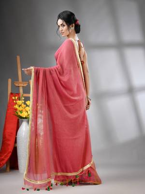 Salmon pink mul cotton soft saree with gota patti borders 3