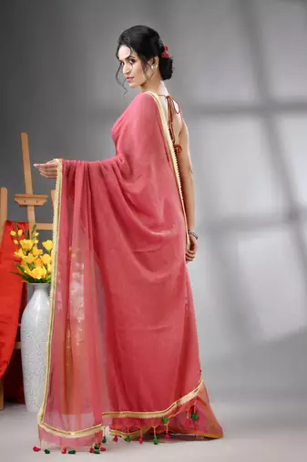Salmon pink mul cotton soft saree with gota patti borders