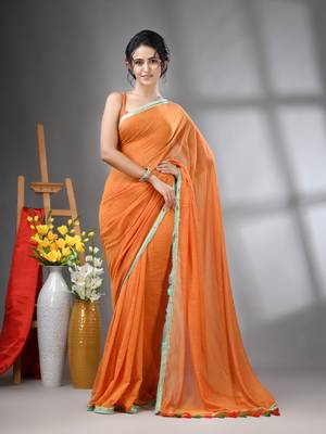 Orange mul cotton soft saree with gota patti borders 1