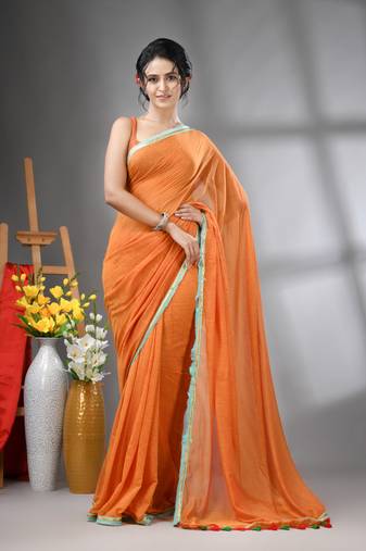 Orange mul cotton soft saree with gota patti borders