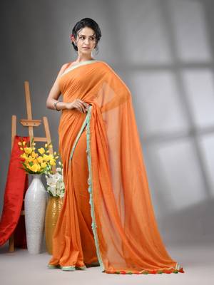 Orange mul cotton soft saree with gota patti borders 2