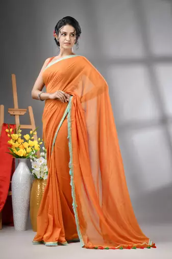 Orange mul cotton soft saree with gota patti borders