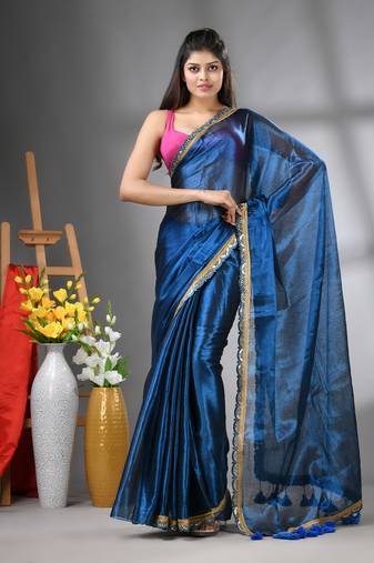 Sapphire blue shimmer tissue saree with gota patti borders