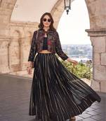 Navy blue heavy sequins embroidery crop top, skirt & jacket set for weddings