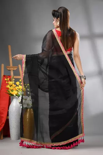 Black shimmer tissue saree with gota patti borders