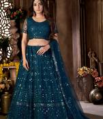 Blue Embroidered Net Semi Stitched Circular Lehenga with Blouse.