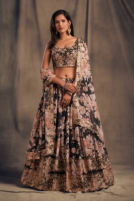 Black Embroidered Organza Semi Stitched Circular Lehenga with Blouse. 1