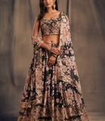 Black Embroidered Organza Semi Stitched Circular Lehenga with Blouse.