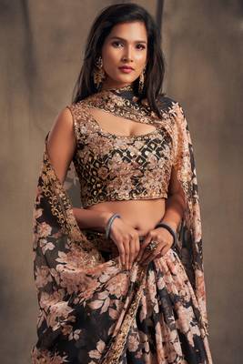 Black Embroidered Organza Semi Stitched Circular Lehenga with Blouse. 2