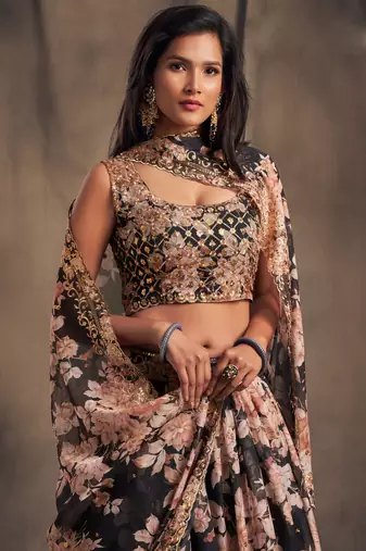 Black Embroidered Organza Semi Stitched Circular Lehenga with Blouse.