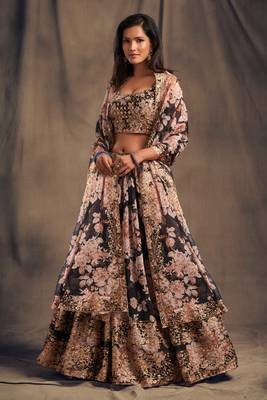 Black Embroidered Organza Semi Stitched Circular Lehenga with Blouse. 3