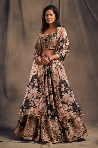 Black Embroidered Organza Semi Stitched Circular Lehenga with Blouse.