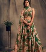 Green Embroidered Organza Semi Stitched Circular Lehenga with Blouse.