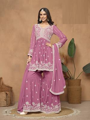 Pink embroidered Faux Georgette Sharara Suit  1