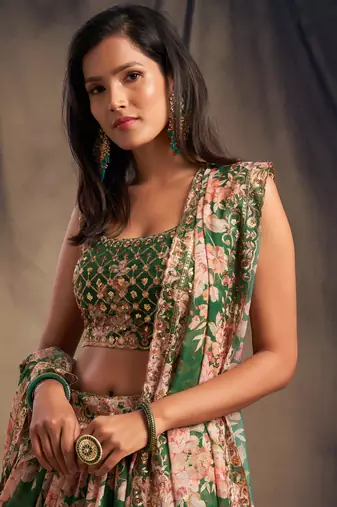 Green Embroidered Organza Semi Stitched Circular Lehenga with Blouse.