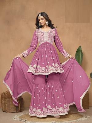 Pink embroidered Faux Georgette Sharara Suit  2