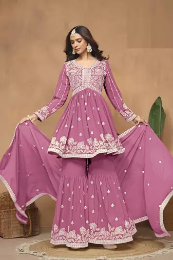 Pink embroidered Faux Georgette Sharara Suit 