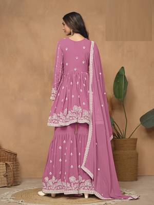 Pink embroidered Faux Georgette Sharara Suit  3
