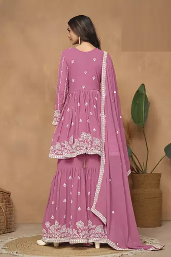 Pink embroidered Faux Georgette Sharara Suit 