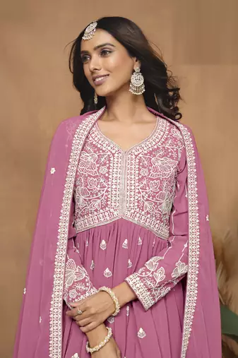 Pink embroidered Faux Georgette Sharara Suit 
