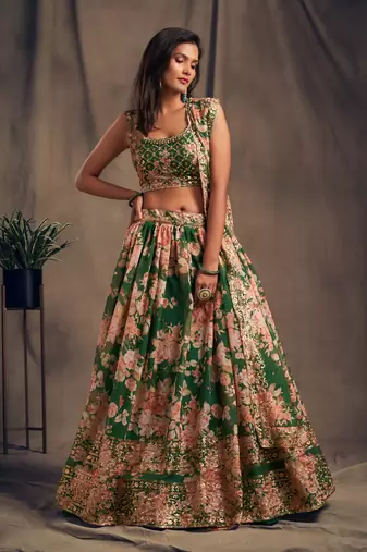 Green Embroidered Organza Semi Stitched Circular Lehenga with Blouse.