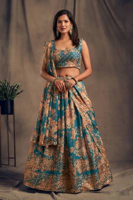 Blue Embroidered Organza Semi Stitched Circular Lehenga with Blouse. 1