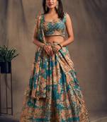 Blue Embroidered Organza Semi Stitched Circular Lehenga with Blouse.