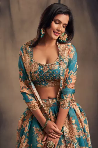 Blue Embroidered Organza Semi Stitched Circular Lehenga with Blouse.