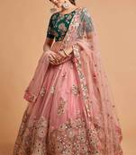 Pink Embroidered Net Semi Stitched Circular Lehenga with Blouse.