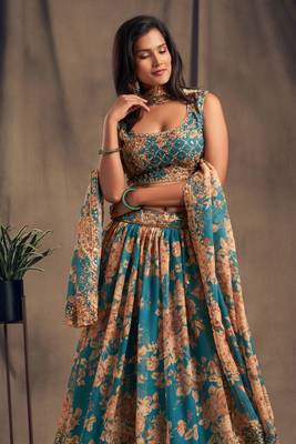 Blue Embroidered Organza Semi Stitched Circular Lehenga with Blouse. 3