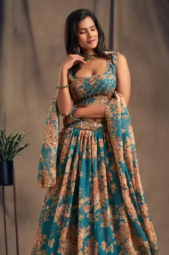 Blue Embroidered Organza Semi Stitched Circular Lehenga with Blouse.