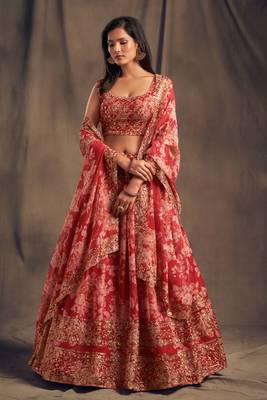 Red Embroidered Organza Semi Stitched Circular Lehenga with Blouse. 1