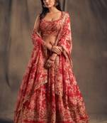 Red Embroidered Organza Semi Stitched Circular Lehenga with Blouse.