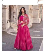 Pink heavy sequins embroidery crop top, skirt & jacket set for weddings