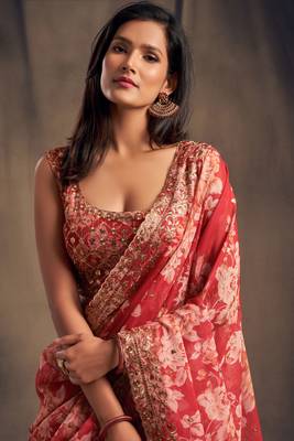 Red Embroidered Organza Semi Stitched Circular Lehenga with Blouse. 2