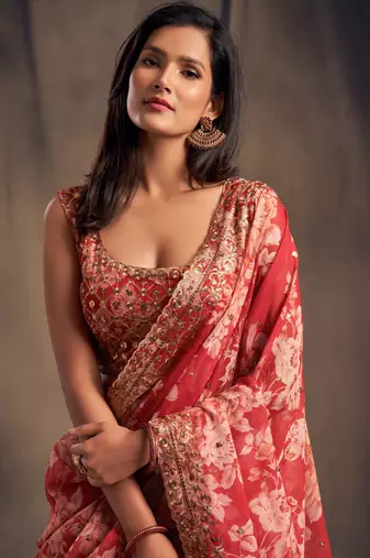 Red Embroidered Organza Semi Stitched Circular Lehenga with Blouse.