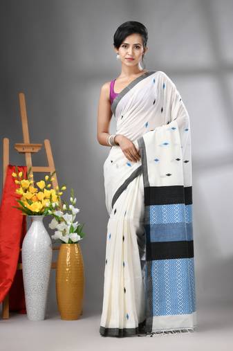 Off white cotton handwoven saree with texture designs