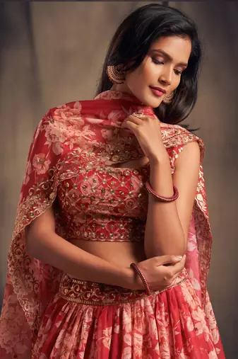 Red Embroidered Organza Semi Stitched Circular Lehenga with Blouse.