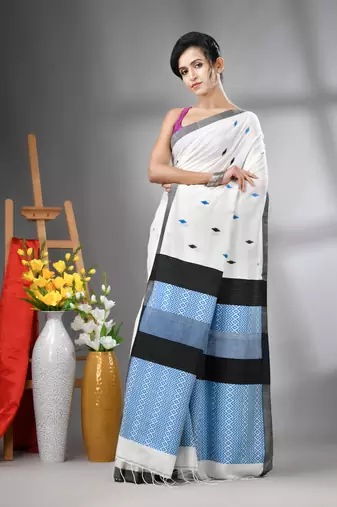 Off white cotton handwoven saree with texture designs