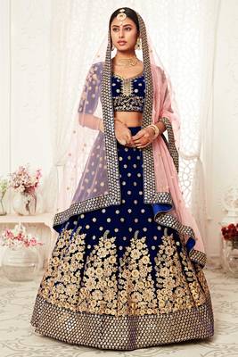 Blue Embroidered Velvet Semi Stitched Circular Lehenga with Blouse. 1