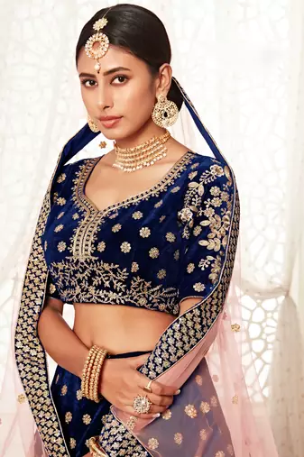 Blue Embroidered Velvet Semi Stitched Circular Lehenga with Blouse.