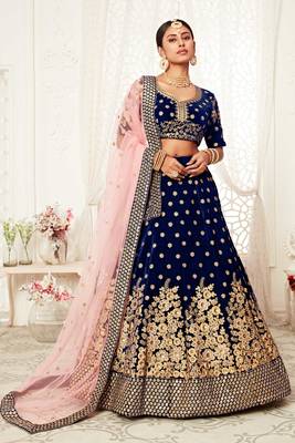 Blue Embroidered Velvet Semi Stitched Circular Lehenga with Blouse. 3