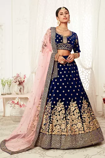 Blue Embroidered Velvet Semi Stitched Circular Lehenga with Blouse.